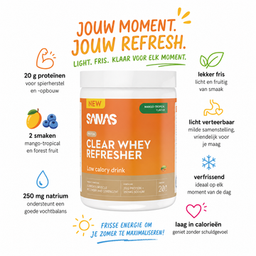 Sanas Clear Whey eiwitshake met frisse fruitsmaak na een intensieve training.