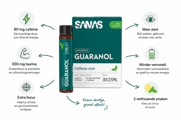 Sanas Guaranol caffeine shot met 80 mg cafeïne en 500 mg taurine voor extra focus, meer alertheid en minder vermoeidheid. Verkrijgbaar in citrus- en muntsmaak.
