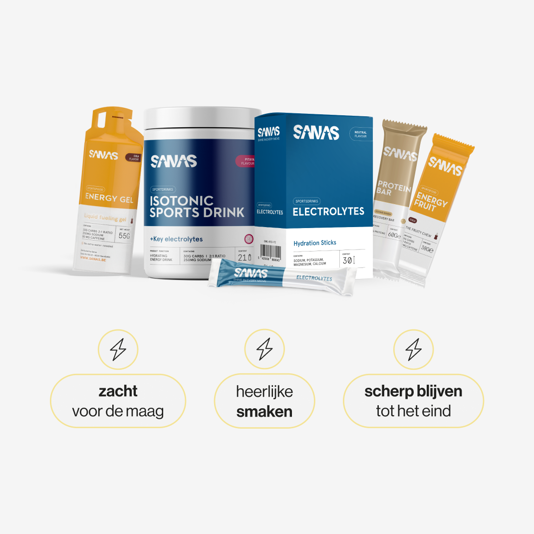 Sporten in zomer met elektrolyten, isotone sportdrank, energy gels, energy fruits en protein bar