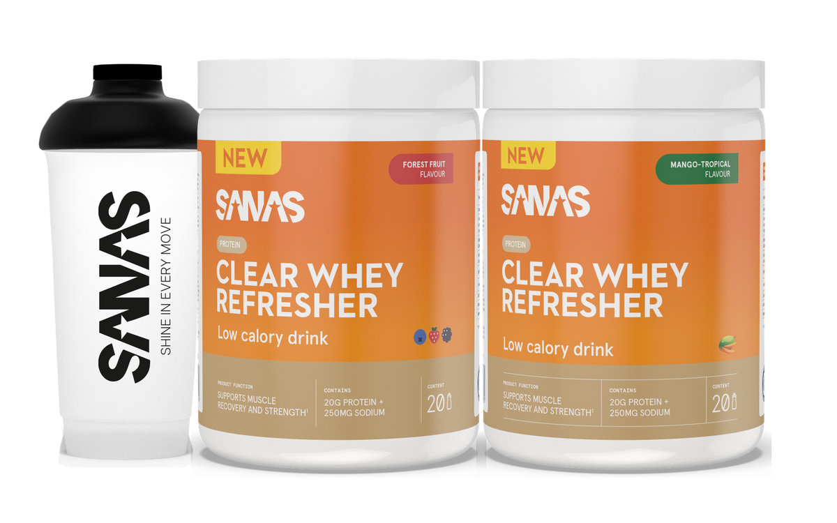 Sanas Clear Whey bundel met wei-isolaat en 250mg natrium in forest fruit en mango tropical smaak