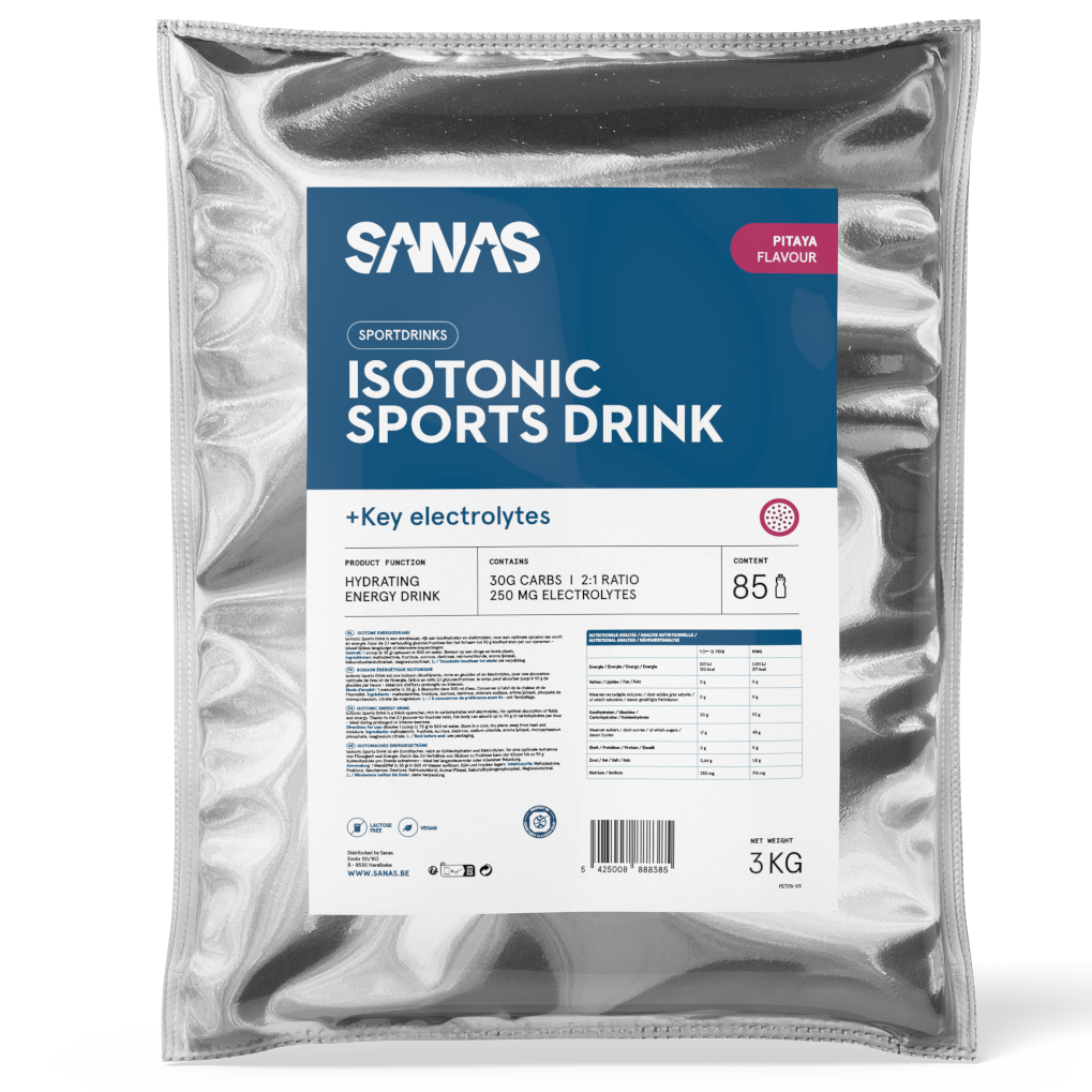 Verpakking van Sanas Isotonic Sports Drink poeder Pitaya