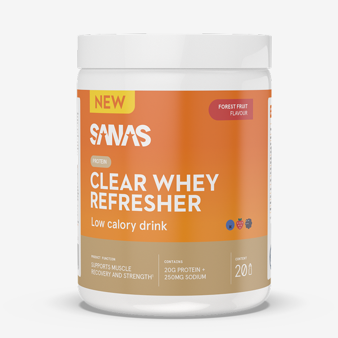Clear whey refresher forest fruit - frisse proteïnedrank met g proteïnen en 250mg natrium als licht alternatief voor melkachtige proteïneshakes. 